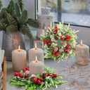 Lyrow 6 Pcs Christmas Candle Rings Wreath Xmas Kitchen Cabinet Mini Wreath Artificial Berries Snowy Pine Candle Ring Holder for Christmas Chandelier Home Table Centerpiece Indoor Decor