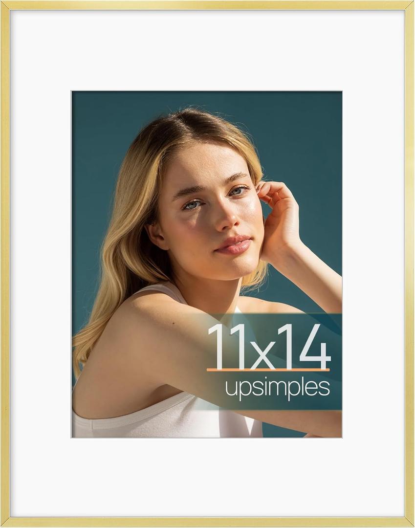 upsimples Aluminum 11x14 Picture Frame Gold, Display Photo 8x10 with Mat or 11 x 14 without Mat, Wall Hanging Metal Poster Frame with Acrylic Cover, 1 Pack