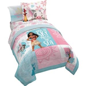 Jay Franco Disney Moana Full Comforter Set Tropical Patchwork 7 Piece Bedding Features Pua and HEI HEI -Includes Sheet Set & Pillow Covers - Super Soft Kids Microfiber Bed Set
