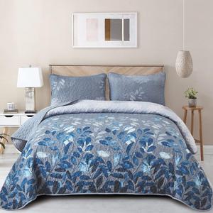 WONGS BEDDING Blue Quilt Set Queen Size,3 Pieces Navy Blue Floral Bedspread Coverlet Set,Soft Microfiber Lightweight Grayish Blue Gradient Floral Bedding Set Queen 96"x90"