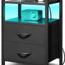 Night Stand Bedside Charger Bedroom - Nightstand with Charging Station & LED Light Strip, Night Stand with Storage Shelf & 2 Fabric Drawers, Morden End Table with U-S-B Ports & AC Outlets, Black 11.4"D x 15.6"W x 24.4"H