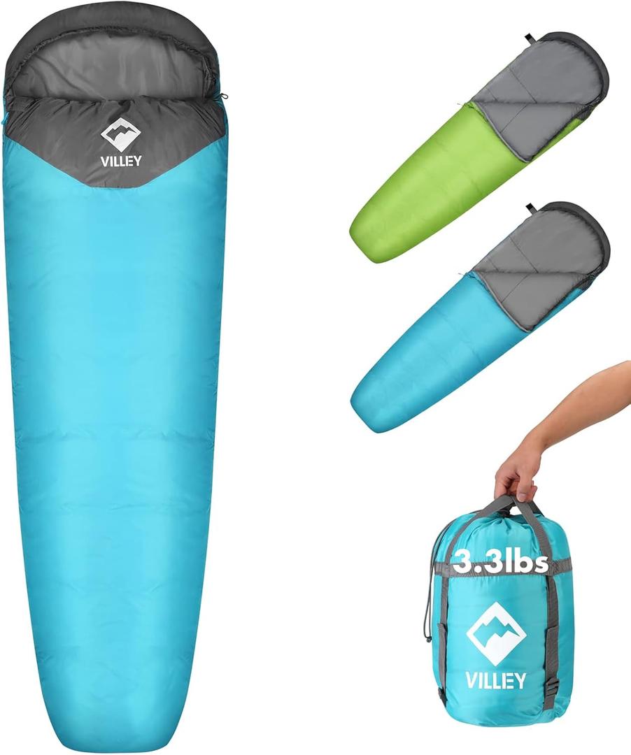 VILLEY Mummy Sleeping Bag, Lightweight Backpacking Sleeping Bag for Adults & Kids, Camping Hiking Equipment for 3-4 Seasons (Blue)