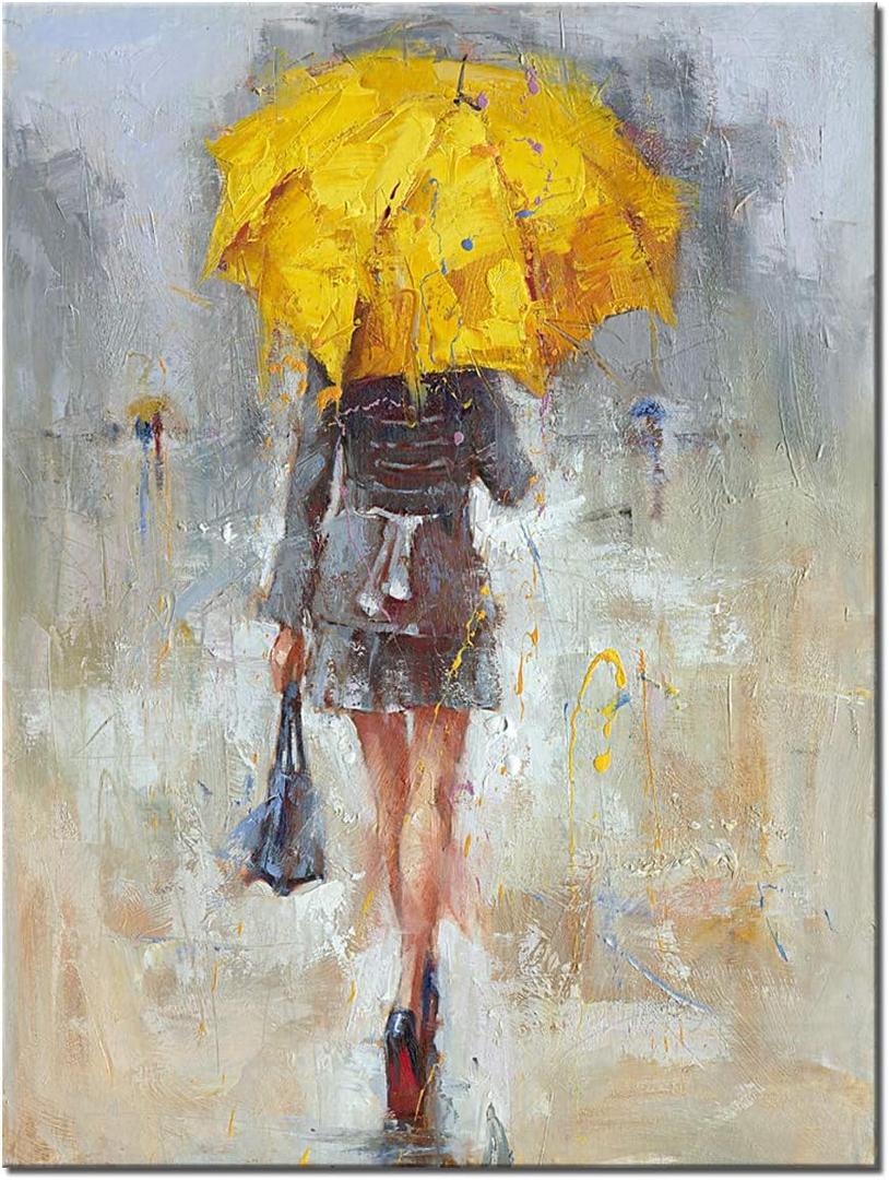 Abstract Canvas Painting A Rainy Walk Girl with Yellow Umbrella Wall Art Modern Artwork for Office Home Decoration (24"L x 16"W)