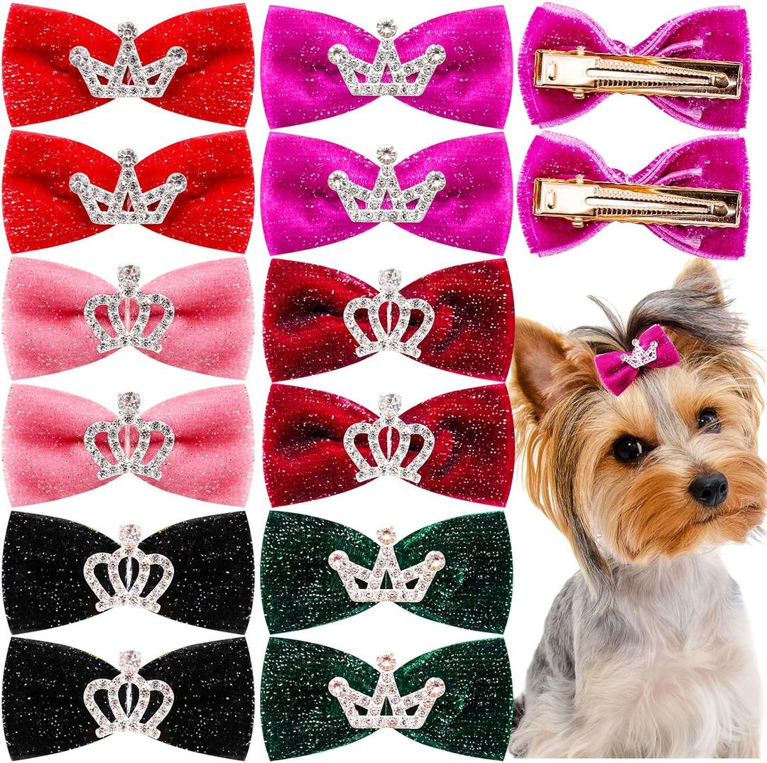 Dog Hair Crown Bows with Clips for Small Dogs, Bulk 20pcs Cute Handmade Pet Dog Bows Girl Clips, Puppy Yorkie Dog Hair Grooming Bowknot Alligator Clips for Doggies Hair Accessories