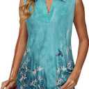 BAISHENGGT Womens Tank Tops V Neck Collared Casual Sleeveless Blouses Curved Hem Summer Tank Tunic Shirts (Blue, M)