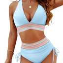 Blooming Jelly Women High Waisted Bikini Sets Tummy Control Swimsuits Color Block Two Piece Drawstring Bathing Suit Size S