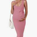 Maternity Dress Sleeveless Rib Knit V Neck Casual Summer Baby Shower Dresses Pregnancy Clothes with Belt (X-Large, Pink)