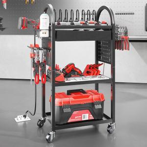 SOYEEZE Utility Cart with Charging Station and Drawer, 4 Tier Rolling Cart with Pegboard, Floor Tool Cart on Wheels, Heavy Duty Metal Garage Storage Rack with 8 Outlet Power Strip