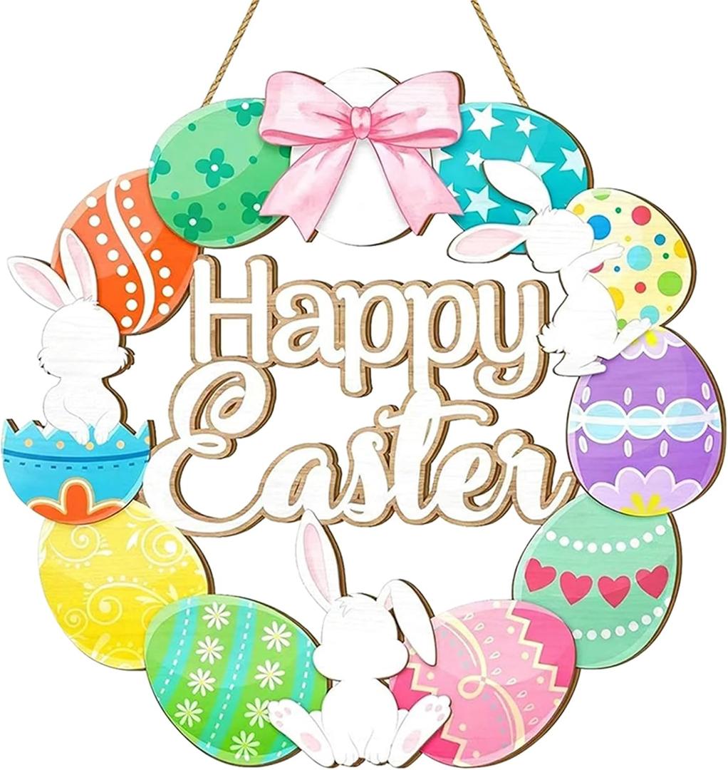 Easter Front Door Decoration Hanging Wreath with Bunny & Colorful Eggs, Spring Seasonal Wall Decor for Porch, Entryway, Indoor & Outdoor Home Decoration