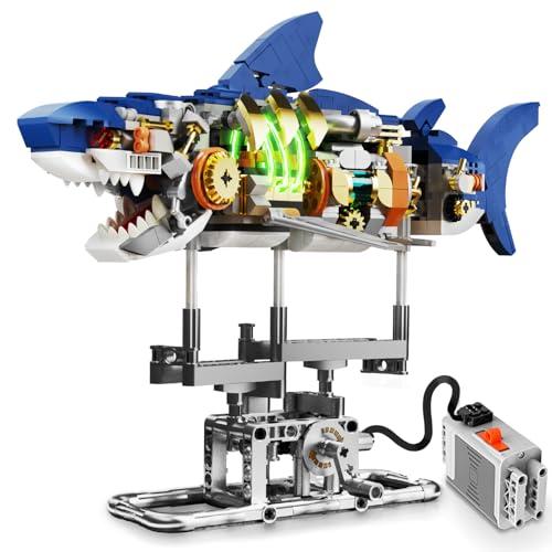 OWNONE 1 Mechanical Shark STEM Building Set with LED Lights & Motor, 687 PCS Movable Shark Model Kit, Ocean Animals Sea Fish Building Blocks Set - Gift for Adults Teen Kids Boys 6-8, 8-12, 12-14