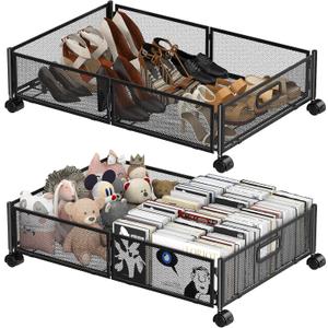 Under Bed Storage Containers, 2 Pack Foldable Underbed Storage Containers with Handles and Wheels,Folding Bed Shoes Clothes Organizer, Easy Assembly Underbed Storage for Toy, Bedding, Bedroom (Black)