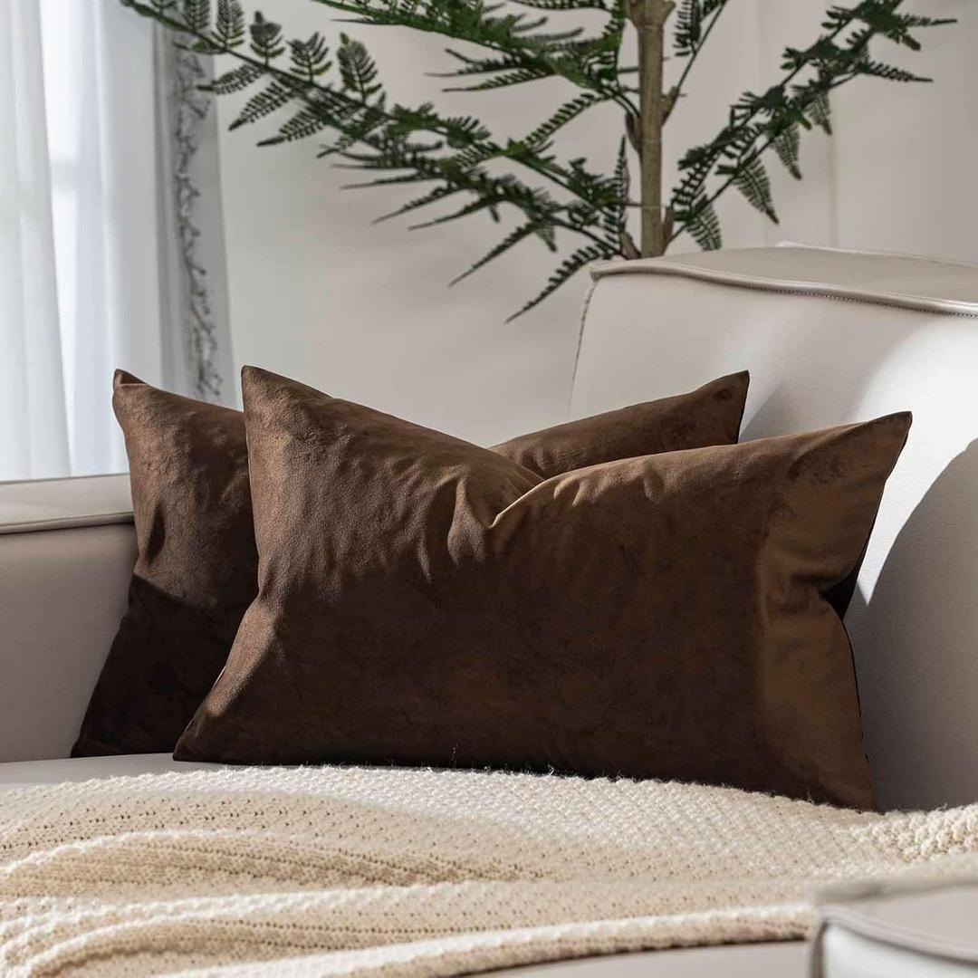 JUSPURBET Decorative Lumbar Throw Pillow Covers 16x24 Inch Velvet Cushion Covers Set of 2 for Couch Sofa Bed Hidden Zipper Modern Style for Home Decor and Living Room Accents,Brown
