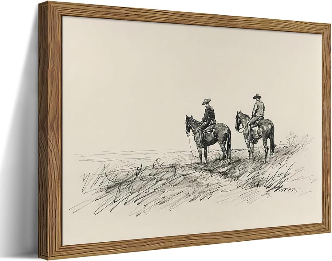 Framed Western Wall Art, Cowboys on Horses Sketch Picture Print, Western Wall Decor, Vintage Country Farmhouse Western Cowboys Canvas for Living Room Bedroom Home 8x10 inch