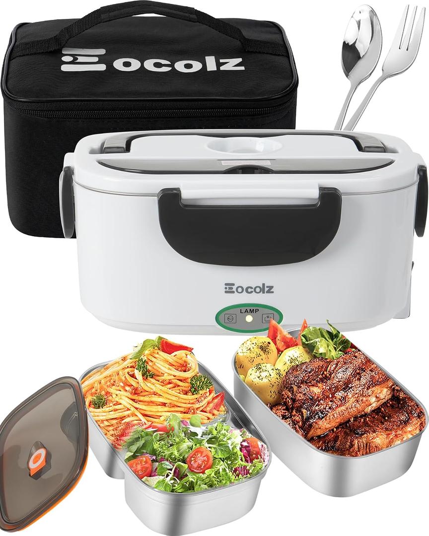 Eocolz Electric Lunch Box Food Heater 60-80W for Adults, Portable Food Warmer Heated Lunch Box for Car Truck Work with 1.5L Stainless Steel Container Fork & Spoon 12/24/110V Lonchera Elctrica