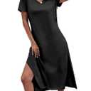 Dyexces Women Summer T Shirt Dress Casual Short Sleeve T Shirts V Neck Maxi Dresses Loose Tshirts Side Slit Long Tshirt Midi Dress with Pockets B-Black XL