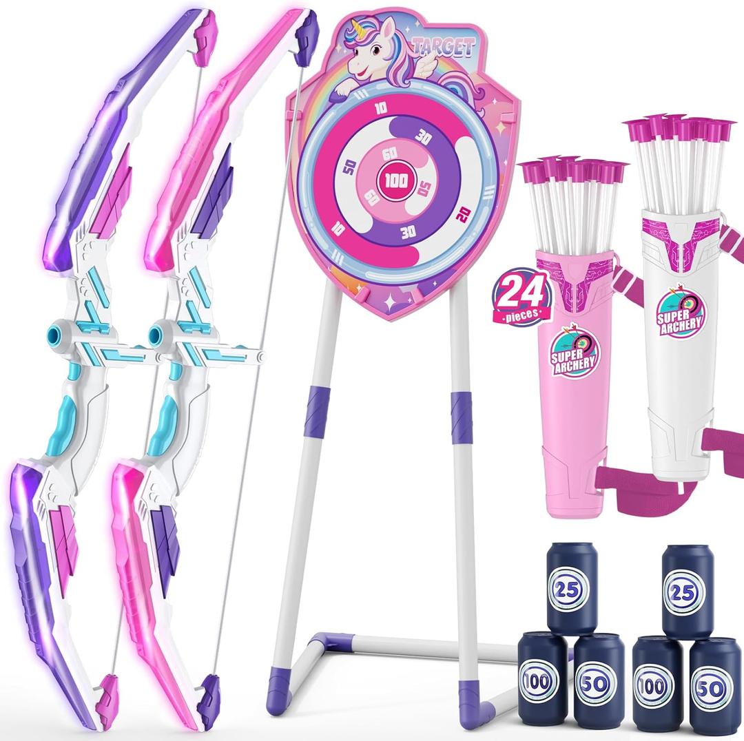 2 Pack Bow and Arrow for Kids 4-6, LED Light Up Archery Set with 24 Suction Cup Arrows, 1 Unicorn Standing Target, 6 Score Targets & 2 Quiver, Indoor Outdoor Sport for Girls Ages 8-12