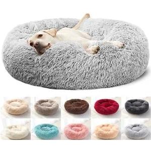 Original Calming Donut Dog and Cat Bed in Shag Fur, Dog Beds for Large Dogs, Anti Anxiety Round Fluffy Plush Faux Fur Pet Bed (Light Grey, 40x40)