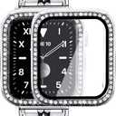 Mosonio Compatible for Apple Watch Band 44mm with Screen Protectors Case Women, Jewelry Bracelet Metal Bands with 2-Pack Bling Case Cover for 44mm iWatch Series SE 6 5 4(Silver Link with White Leather)