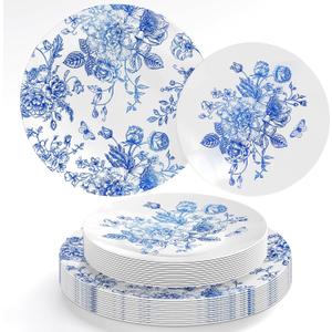 40Pcs Foil Blue and White Floral Plastic Plates Reusable Plate Chinoiserie Flower Dinner Dessert Plate for Home Party Supplies Table Decor Blue gold foil reflective