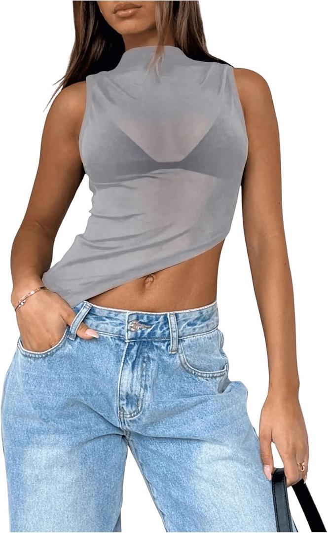 Women's Sheer Mesh Mock Neck Tank Tops Sleeveless Asymmetrical Hem Crop Tops Clubwear, Size X-Small (Grey)