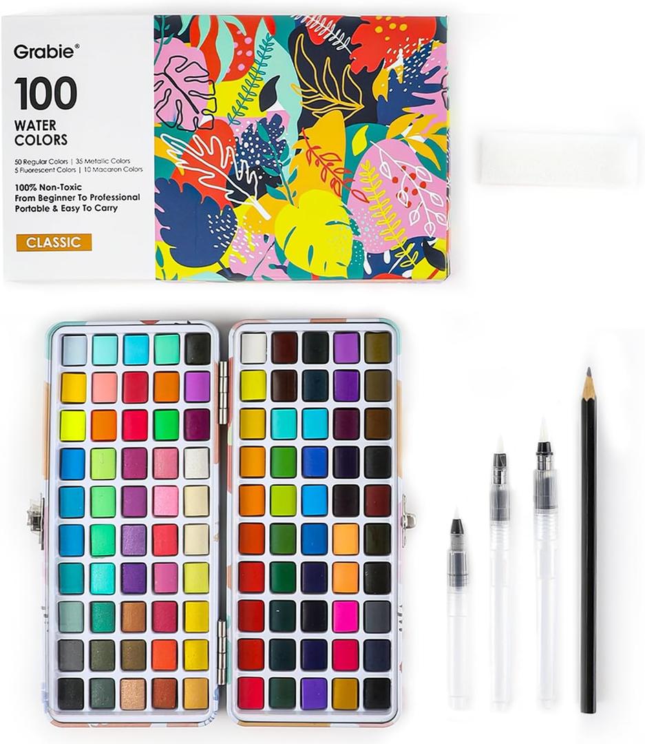 Grabie 100 Colors Watercolor Paint Set - 50 Regular, 35 Metallic, 10 Macaron and 5 Fluorescent Colors - Portable with Carrying Case, Water Brush Pens, and Accessories - For Beginners and Professionals