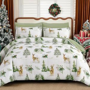 DJY Christmas Comforter Set Queen Size 7 Piece Reindeer Christmas Tree Green Bed in a Bag, Soft Microfiber Winter Xmas Festive Holiday Decorative Comforter Bedding Set(90''x90'', 7Pcs)