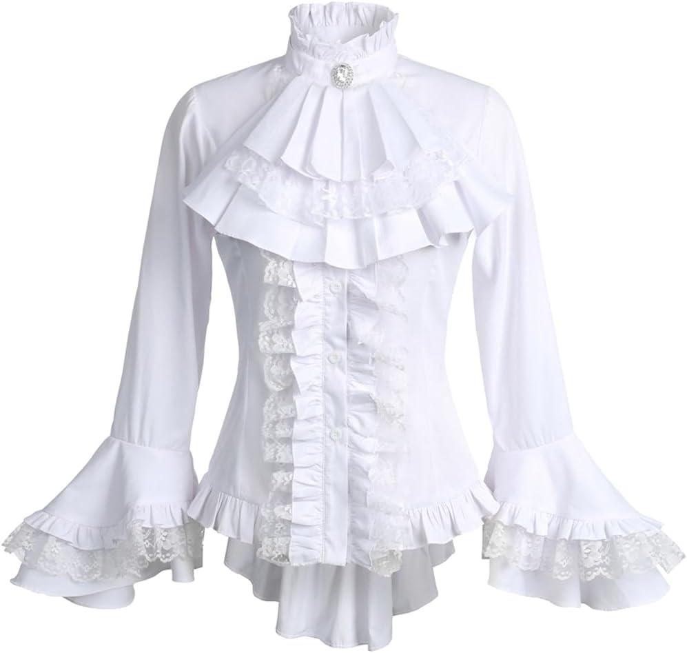 Gothic Victorian Blouse for Women Sweet Lolita Shirt High Low Irregular Ruffles Lotus Hem Medieval Tops (US, Alpha, 3X-Large, Regular, Regular, White)