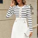 MEROKEETY Women's Long Sleeve Striped Sweater Dress Button Crewneck Fall Bodycon Formal Mini Dresses (White, XL)
