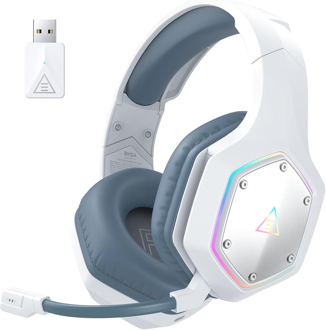 EKSA E1000WT Wireless Gaming Headset,2.4GHz USB Gaming Headphones with Microphone for PC, PS5, PS4, Nintendo Switch, 7.1 Surround Sound Headset, RGB Light, Ergonomic Design for Birthday Gift