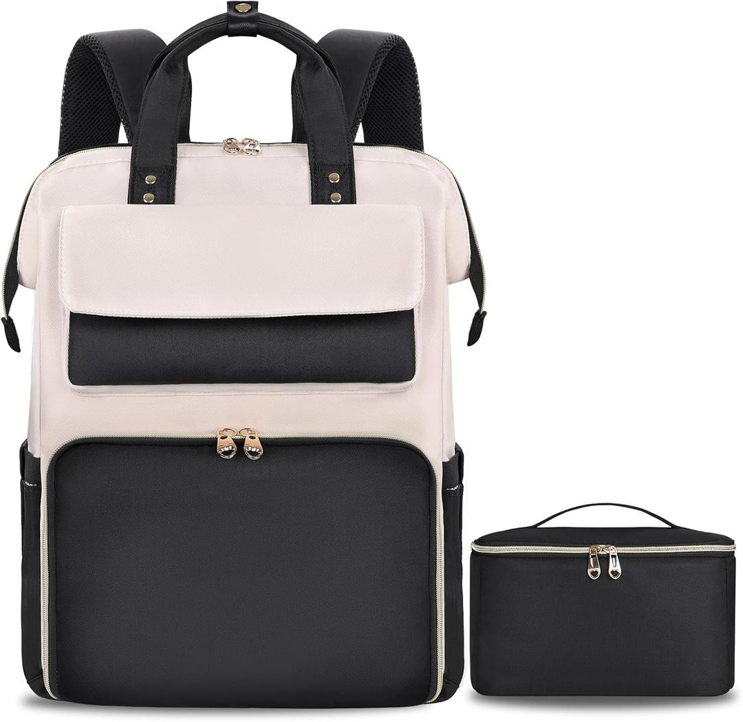 BERTASCHE Lunch Backpack for Women, 17.3 Inch Laptop Backpack with Insulated Cooler Lunch box, Nurse Backpack for Teacher Work Travel College Picnic, Black-Beige