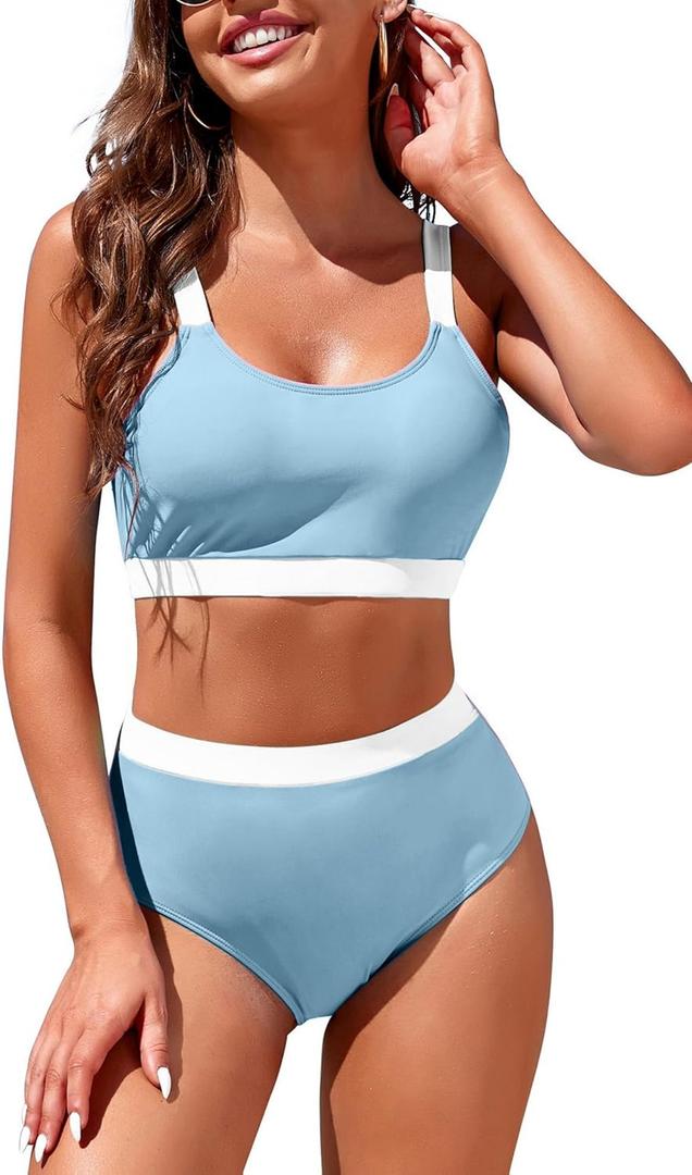 Womens High Waisted Bikini Sets Sporty Crop Top Color Block Swimwear Bandeau Scoop Neck Vintage Two Piece Bathing Suits (Medium, Light Blue)