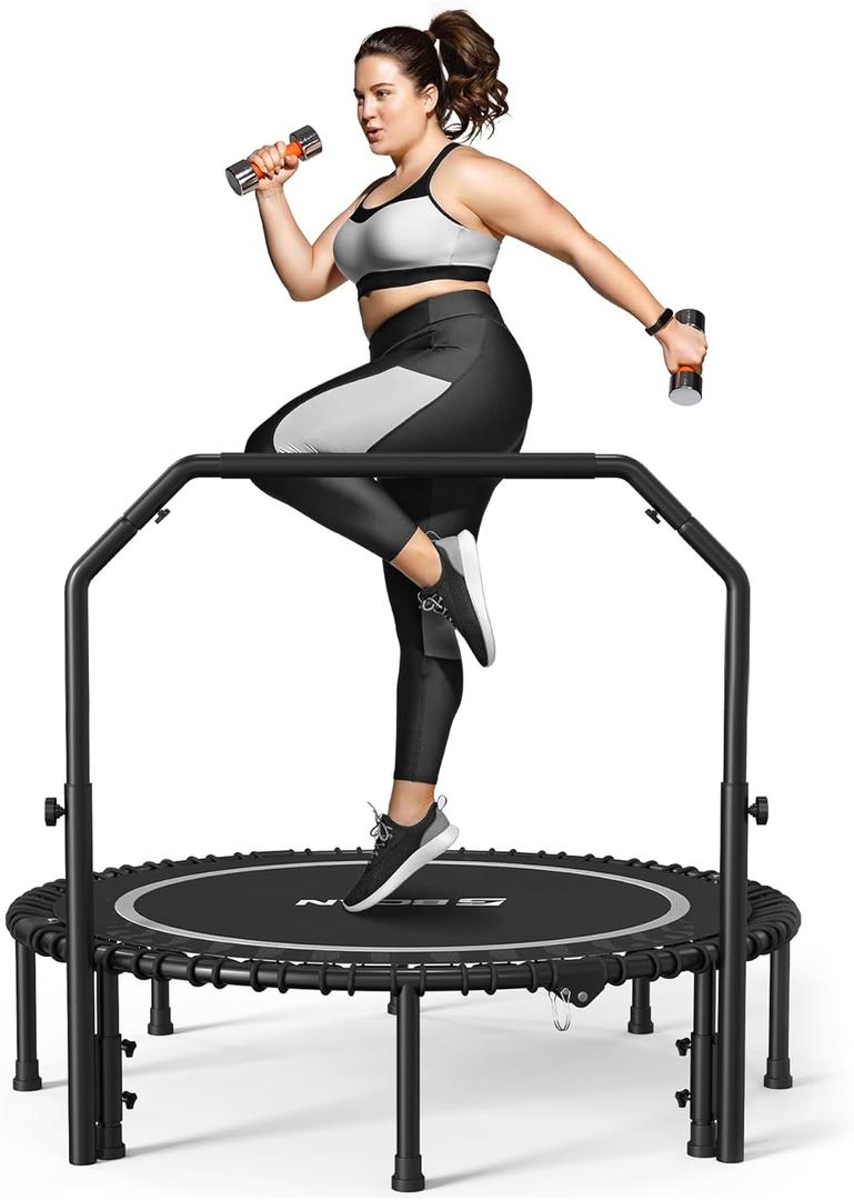BCAN 450/550 LBS Foldable Mini Trampoline, 40"/48" Adult Fitness Trampoline with Bungees, U Shape Adjustable Foam Handle, Stable & Quiet Exercise Rebounder,Indoor/Outdoor Workout (48IN, 48-SILVER)