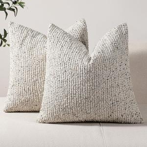 DEZENE Striped Throw Pillow Covers 24x24 Set of 2 Cream Grey Textured Boucle Chic Morden Boho Accent Farmhouse Square Decorative Couch Pillow Covers for Home Decor Bed Sofa Living Room (24" x 24" (Pack of 2), Grey & Cream)