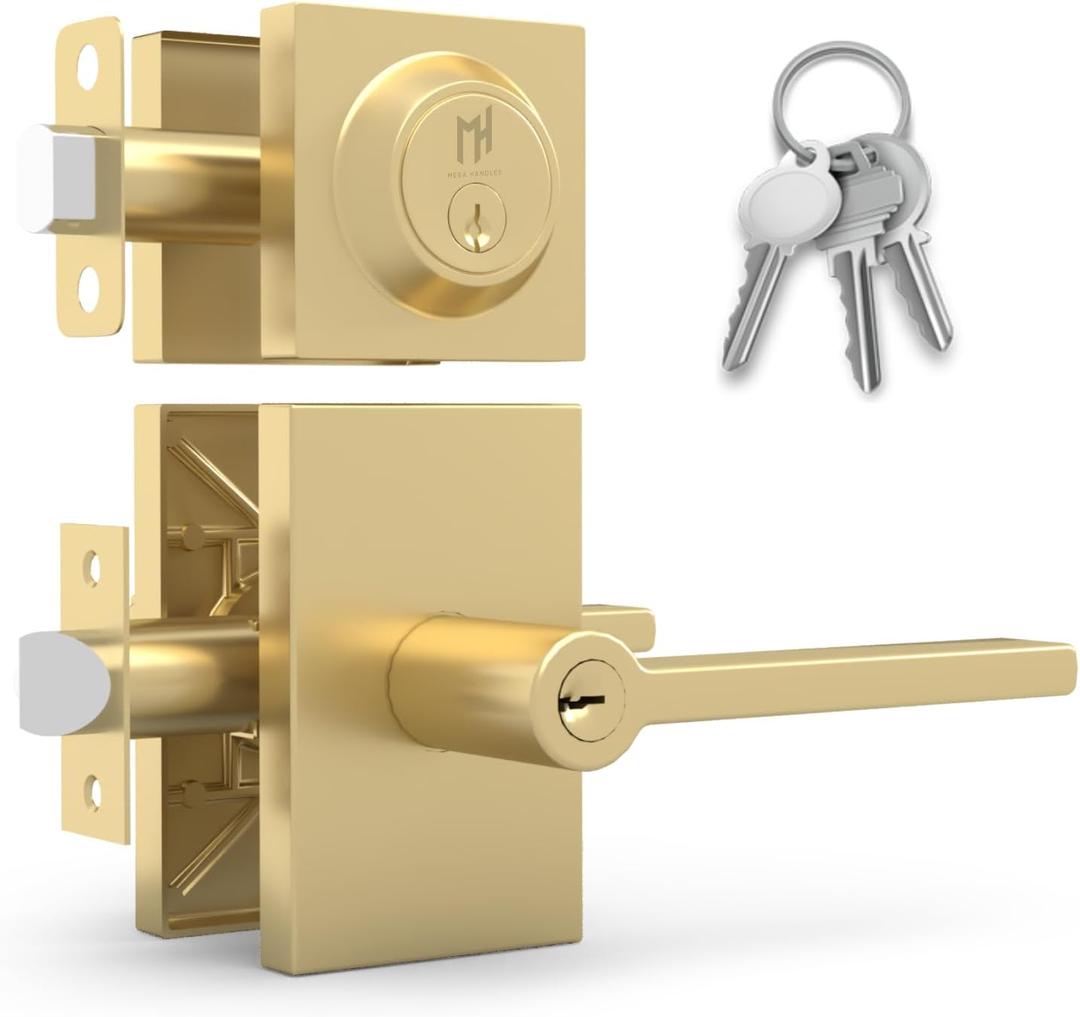 Mega Handles, Glamor Entry Combo, Entry Door Handle and Single Cylinder Deadbolt Lock and Key Combo Pack, Heavy Duty Locking Door Levers for Left or Right-Handed Doors - Satin Brass