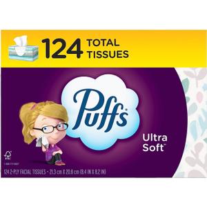 Puffs Ultra Soft Non-Lotion Facial Tissues, 1 Family Box, 124 Tissues Per Box