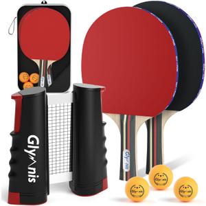 Glymnis Ping Pong Paddles Set, Ping Pong Balls with Retractable Net,Table Tennis Rackets with Carry Bag, Indoor/Outdoor Table Tennis Game Accessories