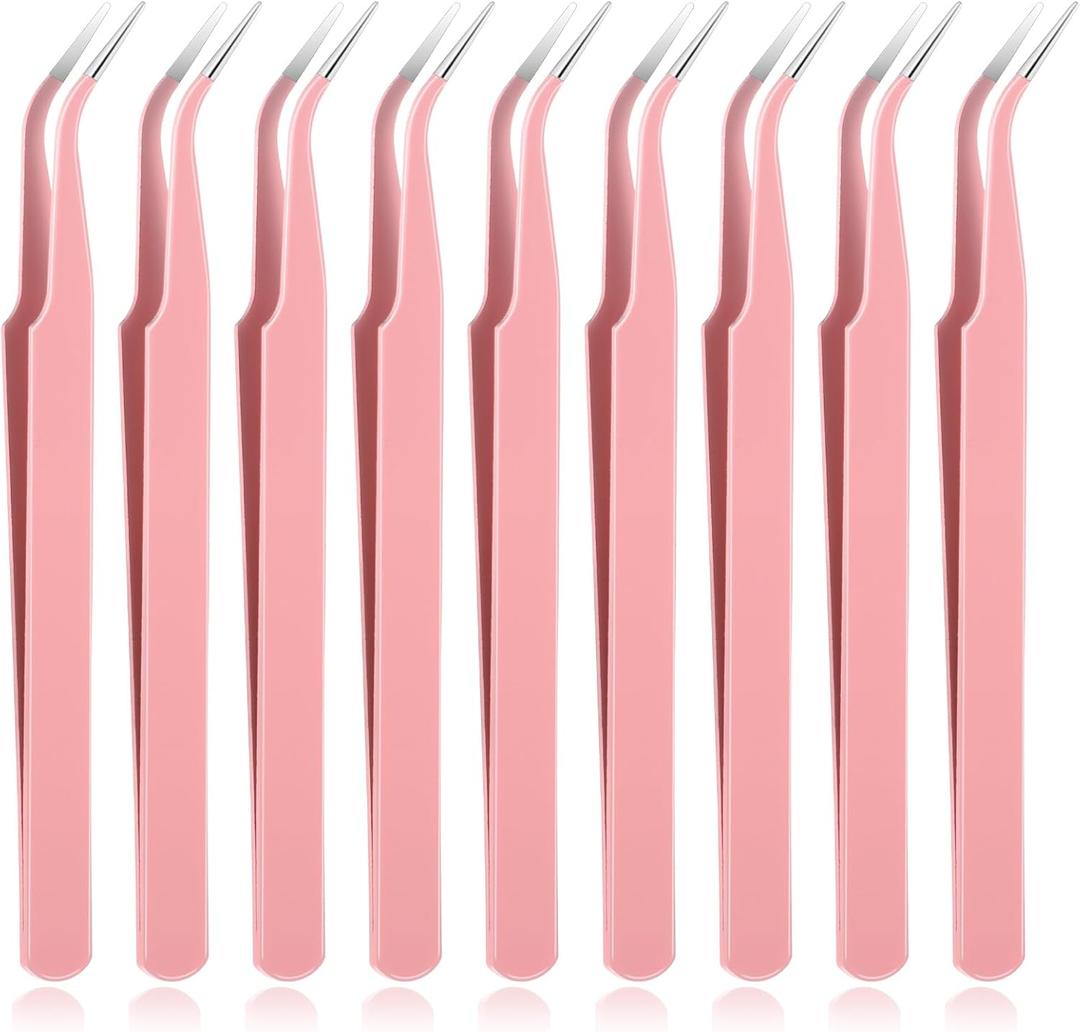 9 Pcs Precision Tweezers, Stainless Steel Craft Tweezers for Crafting, Curved Tweezer Multipurpose Pointed Long Tweezer for Crafting DIY Bead Jewelry Making, Scrapbooking, Crafts, Nail Art (Pink)