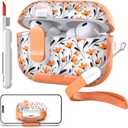 TATOFY for AirPod Pro 3 Case (2025) with Phone Stand Lanyard Lock Cleaning Kit, Compatible with Magsafe, Flowers Hard AirPods Pro 3rd Generation Cover for Women (Orange, AirPods Pro 3)