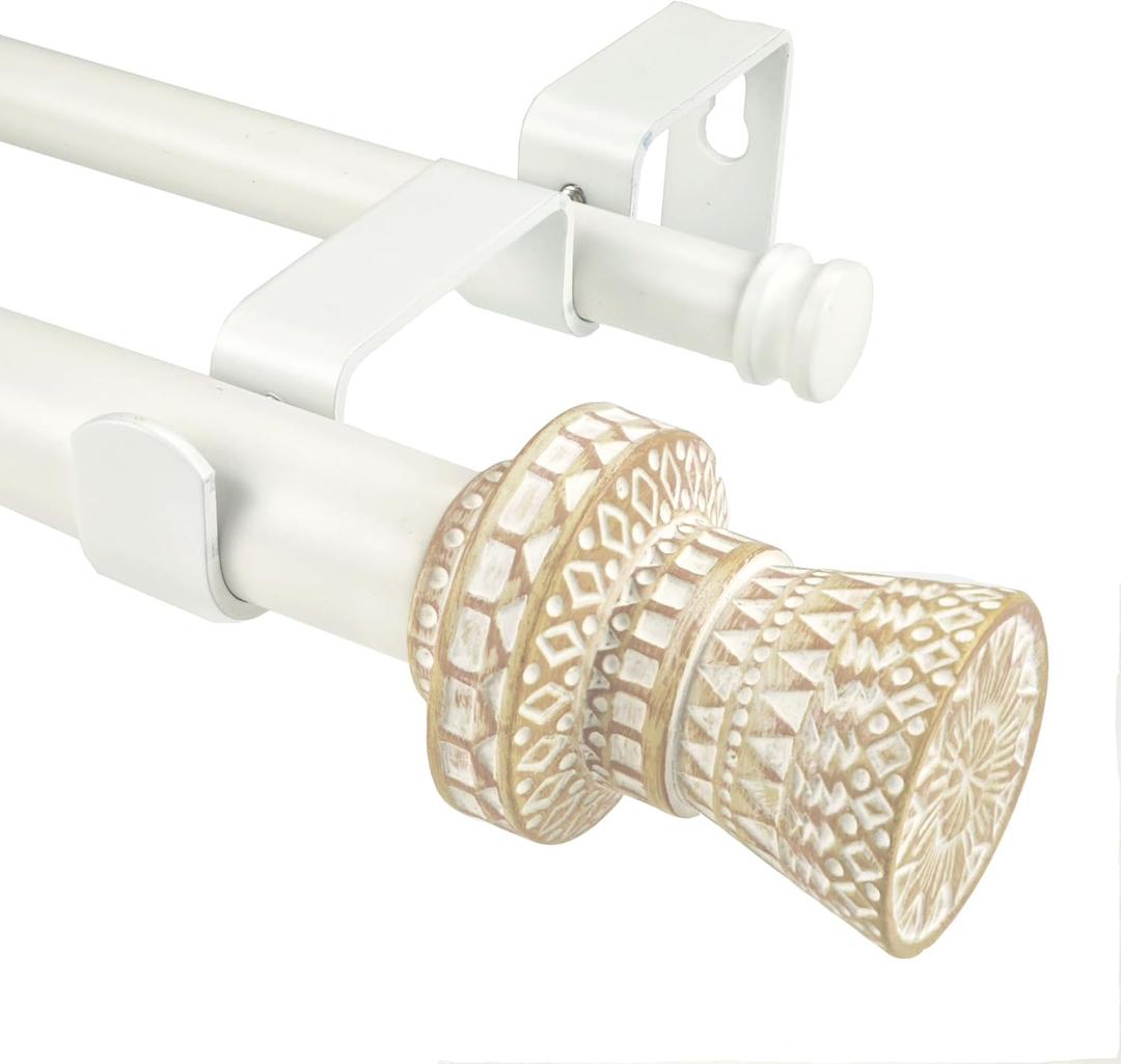 Modern Boho Style Curtain Rod Set with Round Carved Finial, 72-144 inch, Standard Double White Drapery Rod for 1 Pack, 1 inch diameter, Adjustable Length