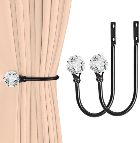 Groleca 2 x Heavy Duty U Shaped Metal Curtain Holdbacks Curtain Tiebacks with Clear Crystal Ball Pull Backs Curtain Holders for Drapes (Black)