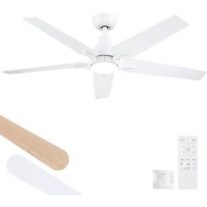52 Inch Ceiling Fans with Lights and Remote, White Ceiling Fan, 5 Blade Modern Ceiling Fan for Bedroom, Living Room, Dining room, Patio, Dimmable 6 Speeds DC Quiet