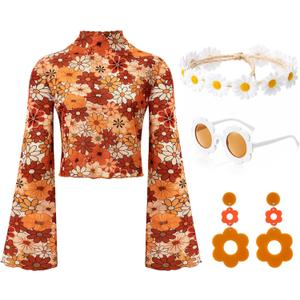Shihanee 60/70s Hippie Costume Outfits Set for Women Bell Sleeve Floral Mesh Crop Top Glasses Earrings Headband Accessories (X-Large)