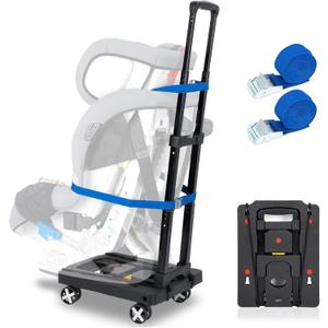 Car Seat Travel Cart for Airport, Car Seat Dolly Carseat Roller Foldable Car Seat Carrier Dolly with Blue Straps Trolley Luggage Cart for Transport (Black)
