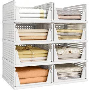 Pinkpum 8 Pack Closet Organizers and Storage Plastic Stackable Storage Bins, Foldable Drawer Shelf Storage Container for Wardrobe Kitchen Bathroom Dorm White