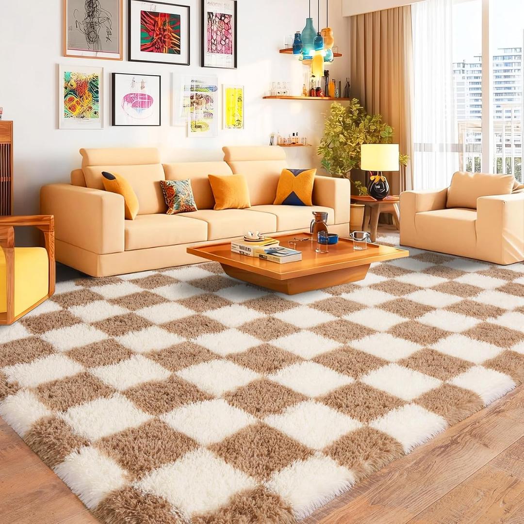 Pionblank 8x10 Area Rugs for Living Room, Fluffy Plush Checkered Rug for Bedroom, Shag Non Slip Soft Furry Large Carpet for Kids Room Nursery Home Decor, Beige and Cream White