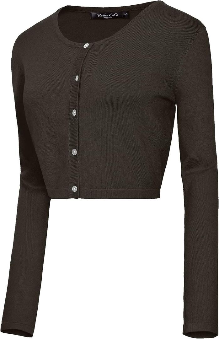 Urban CoCo Women's Long Sleeve Button Up Cropped Cardigan Sweaters for Women Crew Neck Short Bolero Shrug for Dresses (Medium, Coffee)