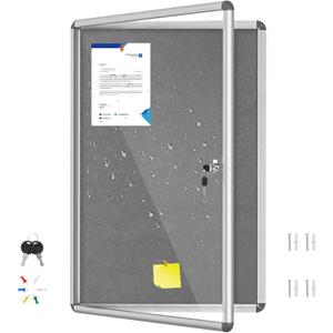 36"x24" Enclosed Bulletin Board with Locking Door, Tamper-Proof Dispaly Case, Aluminium Frame, Outdoor Bulletin Board Weatherproof, Lockable Cork noticeboard for School,Office,etc (Gray Felt)
