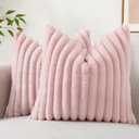 decorUhome Faux Fur Throw Pillow Covers 24x24 Set of 2, Decorative Soft Plush Striped Neutral Couch Pillow Covers with Velvet Back for Sofa, Bed, Living Room Home Decor, Pink