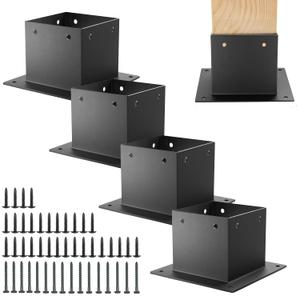 4x4 Stainless Steel Deck Post Base 4pcs | Internal 3.5"X3.5"| 13ga Thick Matte Black Powder Coating Post Anchor , 4x4 Post Bracket for Wood Posts, Fence, Deck Railing, Handrail Railing Support