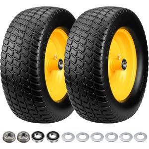 2PCS 15x6.00-6 Lawn Mower Tire Flat Free, 15x6-6 Tire and Wheel, 15x6-6 Front Tire for John Deere (Most 100 &300 Series) /Husqvarna Riding Mowers, with 3/4"& 5/8" Bearings & 3" Offset Hub (15x6.00-6 Solid TiresYellow Rim))